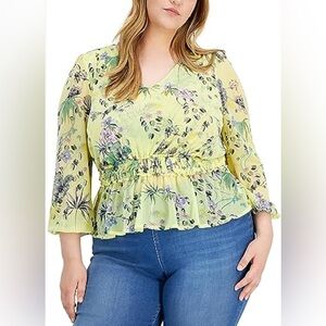 INC International Concepts yellow mesh peplum floral top 2x